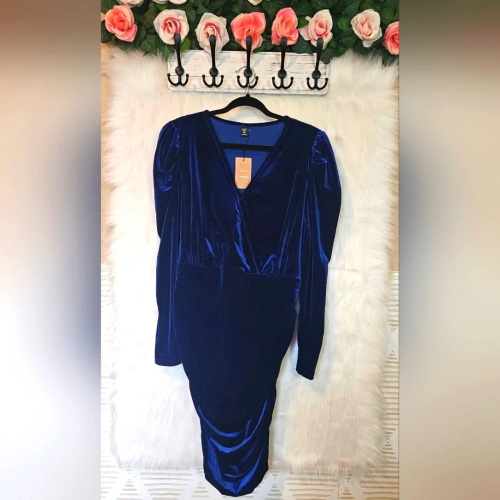 Shein Frenchy Curve Sapphire Ruched Holiday Dress - Picture 1 of 6
